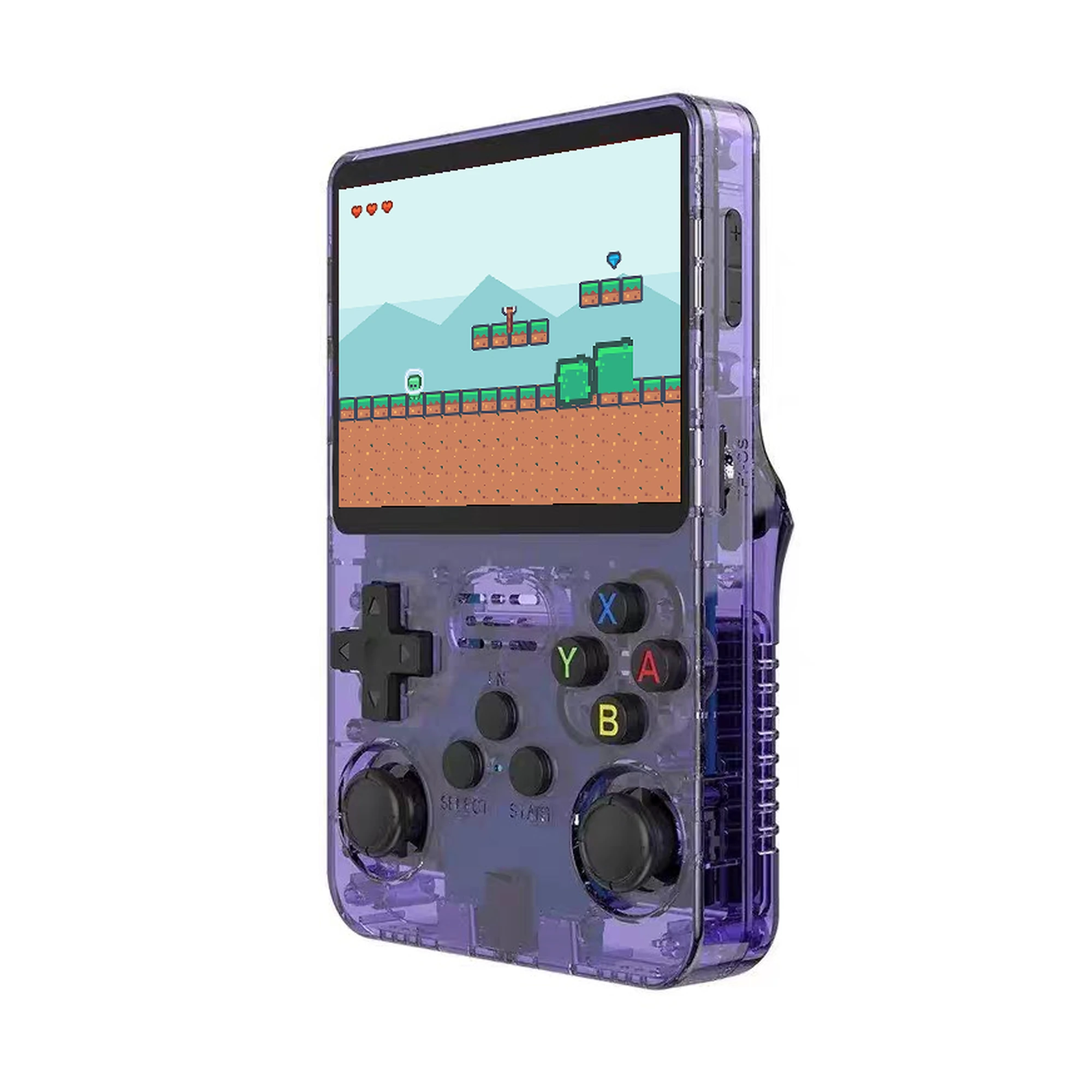 Purple R36S supplier color render with an illustrative pixel-art screen